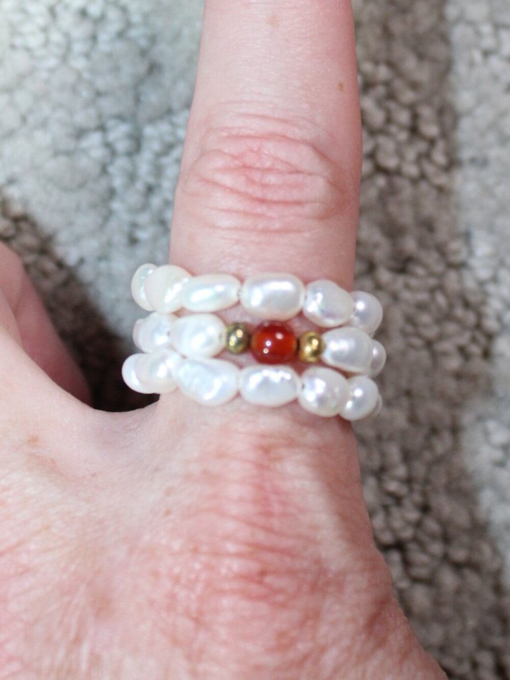 Three-strand Wrap Baraque Freshwater Rice Pearl w Colorful Accent Beads Ring